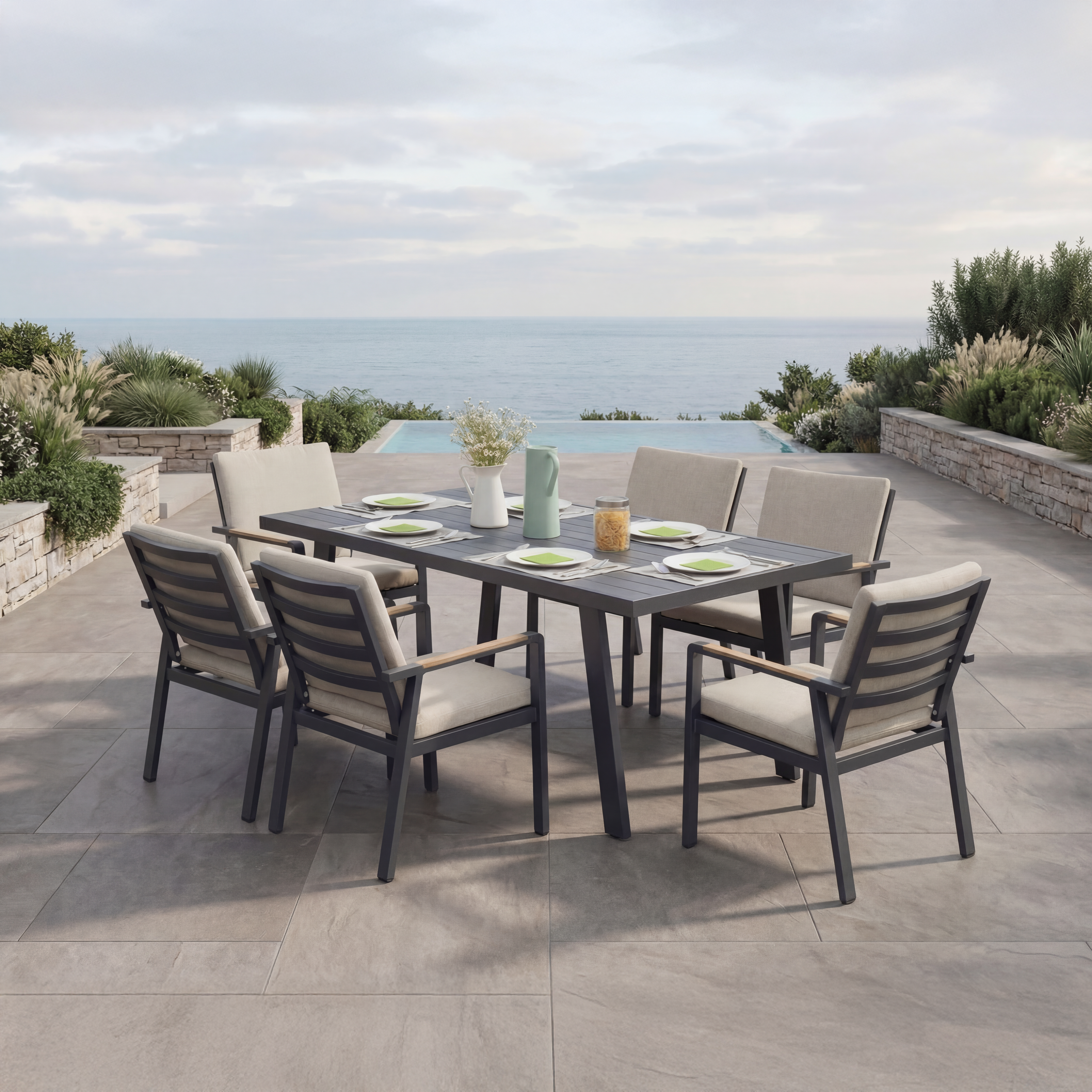 Outdoor Rotterdam Dining 1+6 Grey ELEGANT DESIGN